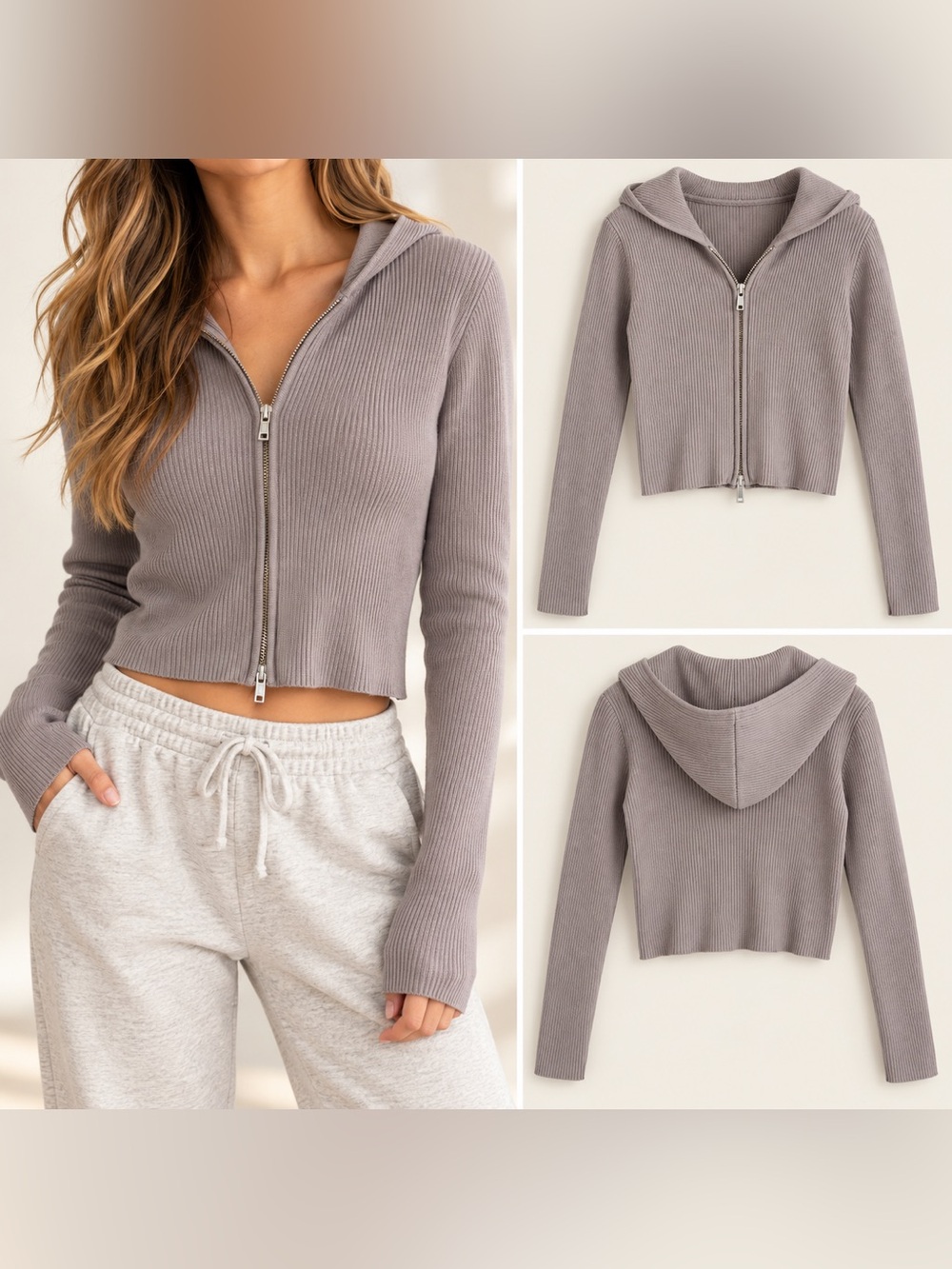 Brandy Melville John Galt Arden Crop Hoodie Taupe Ribbed Double Zip